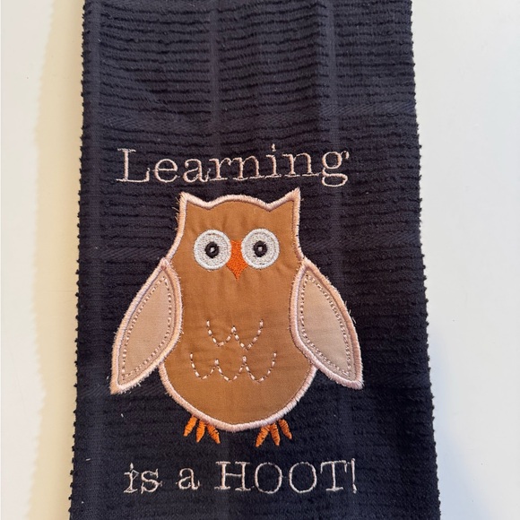 Teacher appreciation gift  Black Embroidered Kitchen Towels with Owl and Apple - Picture 6 of 9